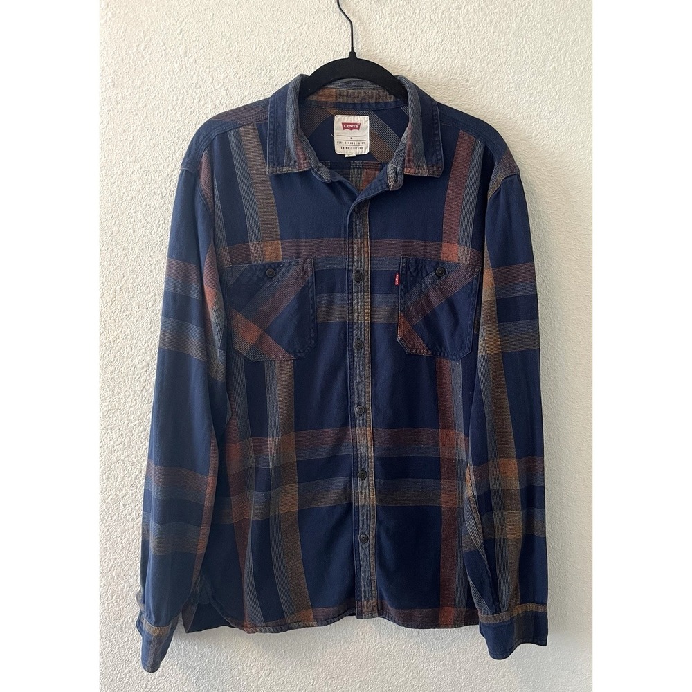 Levis Mens Flannel Shirt Medium Blue Orange Plaid Long Sleeve Pockets Outdoors